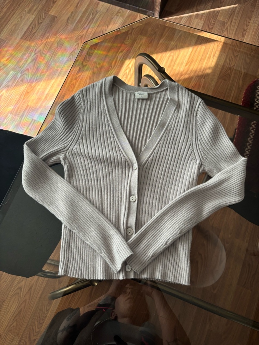 Abercrombie & Fitch Light Gray Ribbed V-Neck Button Cardigan